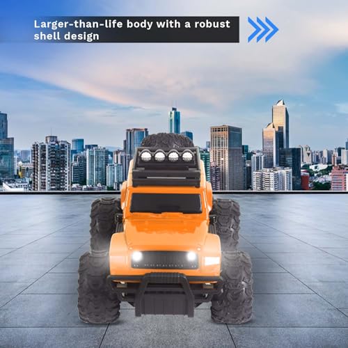 Image of popsugar Off Roader Rechargeable Remote Control Car | RC Car Monster Truck | 4 Headlight Modes | Lithium Battery | C-Type Charging | 2.4GHz Remote Controller | Made in India, Orange