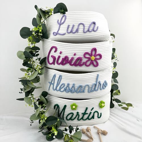 Cesta De Almacenamiento De Cuerda De Algodón Personalizada Con Nombre, Regalo Personalizado For Baby Shower, Cestas De Decoración For Habitación Infantil Con Texto Colorido(﻿ S: 19X12X27cm)