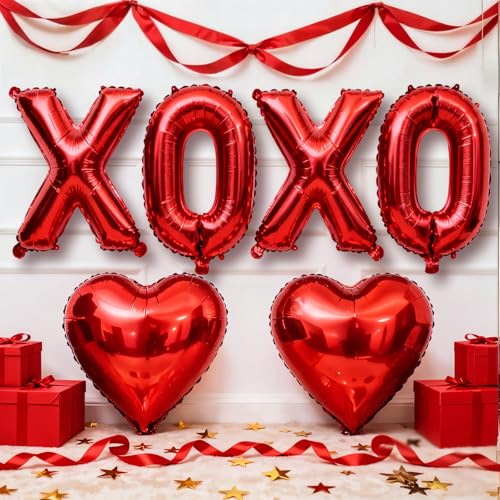 Image of Red XOXO Heart Balloons 6 Pcs Valentines Day Balloons Red Heart Shaped Balloon XOXO Foil Balloon Letters for Girls Women Anniversary Sweet Valentine Day Romantic Decorations Special Night Party