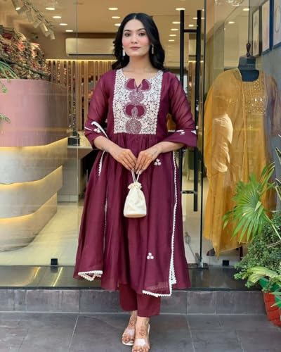 Image of Women's Cotton Printed Anarkali Kurti with Pant and Mulmul Dupatta Set