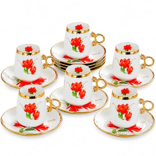 12 Piece Porcelain Tea Cups and Saucers Set - Red Floral Coffee Cups with Gold Trim, 100ml Espresso Turkish Coffee Set, Elegant Tea Party Gift (Red 100ml 6 cups 6 plates)
