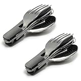 Ganzoo 2er Set 4 - teiliges Campingbesteck mit geriffeltem Aluminium Griff (Messer, Gabel, Löffel, Flaschenöffner aus rostfreiem Edelstahl), Klapp – Besteck, Farbe metallic, Marke (Schwarz)