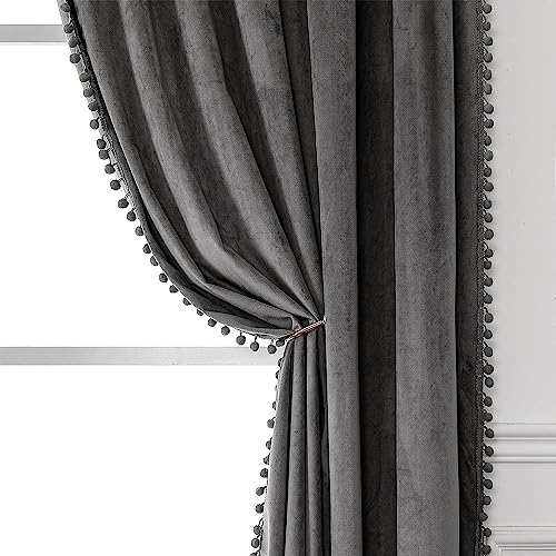 Image of Amazon Brand - Umi Velvet Eyelet Door Curtains with pom pom Lace for Living Room Bedroom Kitchen 1 pc Pack in Silver Color (Door - 4 feet x 9 feet)