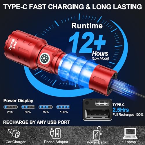 Image of Banral Flashlights High Lumens Rechargeable, Super Bright Long Range Small Powerful Flashlight, 6 Modes LED Tactical Pocket Waterproof Flash Light for Home Emergency (1, Red)