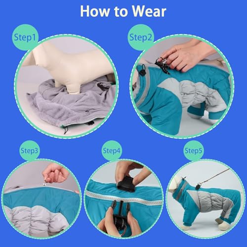 Image of MIGOHI Full Body Dog Coat，Warm Coats for X-Small Dogs | Windproof Winter Coat for Dogs with Harness,Turtleneck Dog Snowsuit with Legs,Reflective Puppy Fleece Puffer Jacket,XS,Turquoise