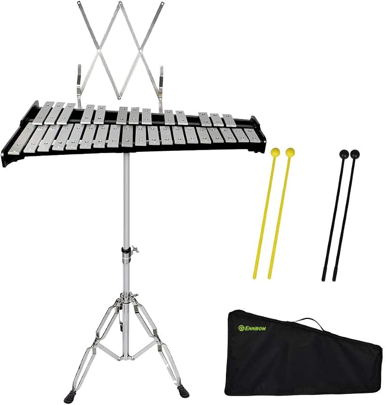 ENNBOM 32 Note Black Glockenspiel with Music Sheet Clip Xylophone Instrument Set Equipped with Adjustiable Height Frame（32 Note, Black）