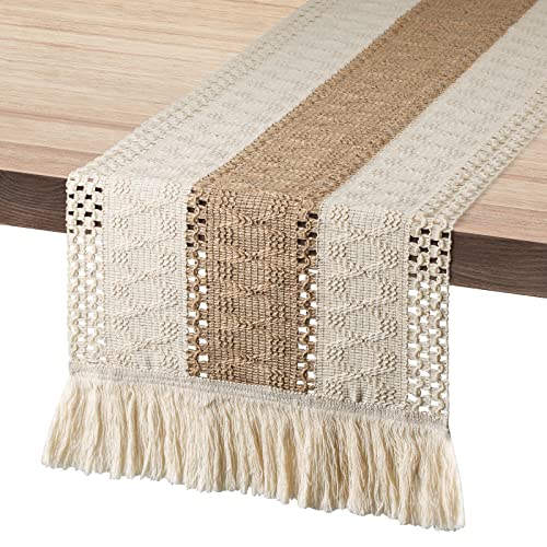 Boho Table Runners 72 Inches Long, Farmhouse Table Runner with Tassels, Macrame Table Runner Splicing Rustic Nature Burlap Table Runner for Fall Wedding Party Picnic Home Kitchen Dining Table Decor