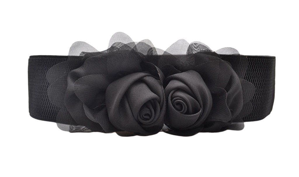 Comvip Women's Black Lace Elastic Waistband Rose Flower Dress Wide Belt Cinch