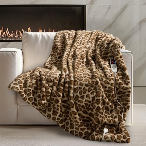 blunique Luxury Faux Fur Heated Blanket Electric Throw - Leopard