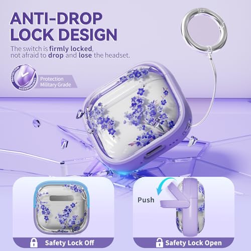 Image of Inesore for AirPods 4 Case Cover 2024 with Lock-Purple Bell Flower | Two-Piece Design,with Gold Keychain & Cleaning Pen,Support Wireless Charging,Cute Luxury Case for Women Girly