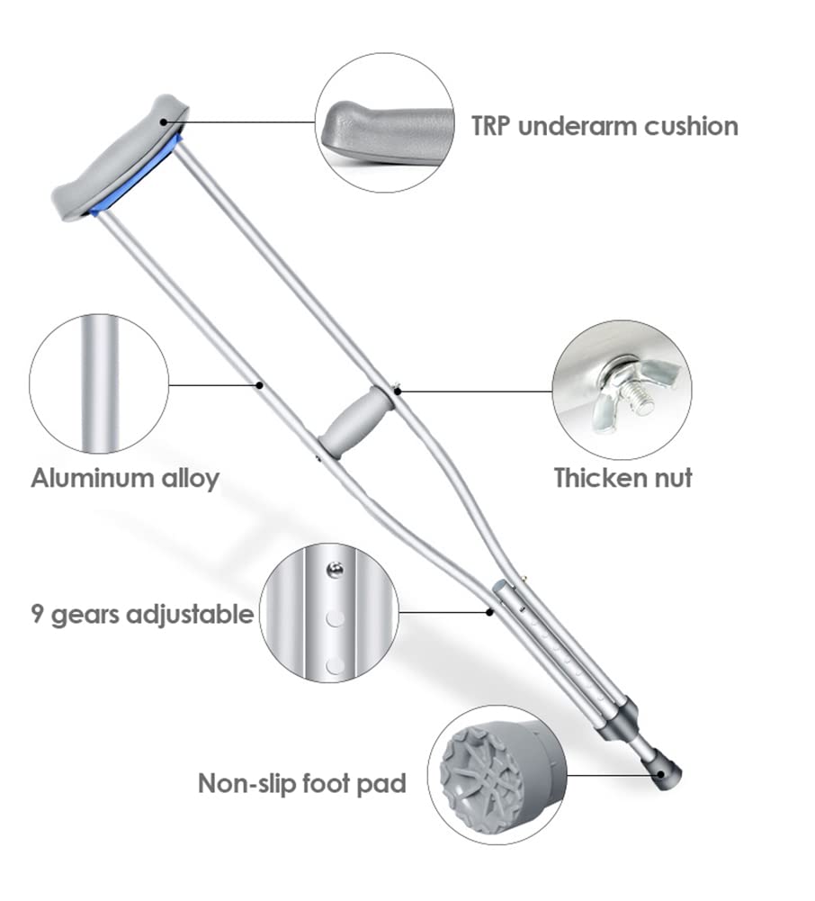 Muletas plegables, 2 muletas para axilas con almohadillas suaves y asas, bastón de aluminio ajustable en altura, puntas de goma inferiores grandes, bastones para niños, jóvenes y adultos