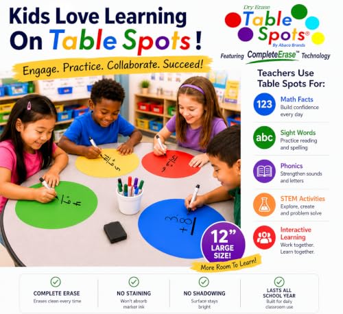 Image of NEW Larger Size! | The Original Table Spots for Teachers | No Staining, No Shadowing, Complete Erase! Dry Erase, 10 Pack Multicolor Circles, Wall Stickers, Decals