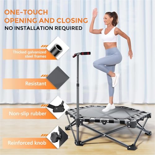 42" Opvouwbare Rebounder Trampoline met Verstelbare Handgreep Fitness Trampoline Bungee Rebounder Jumping Cardio Trainer Workout voor Volwassenen, Maximale Belasting 450 lbs, 110CM Draagbaar - Afbeelding 3