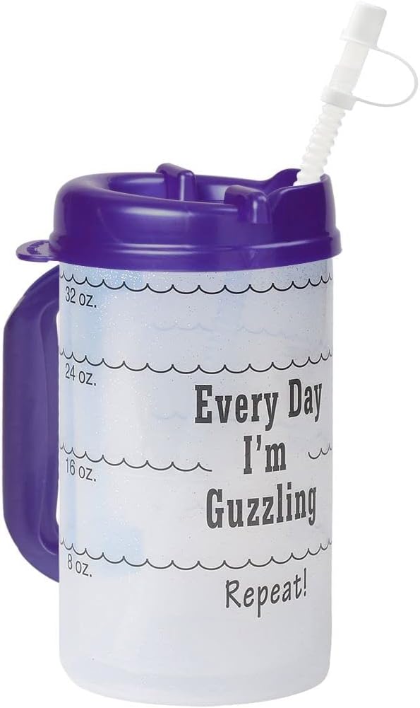 Plum Hill Water Tracking Large Hospital Mug for Daily Intake Measuring Every Day I'm Guzzling - Flexible Straw with Cap, 32 oz Purple with Lid and Handle, Insulated Clear Cup with Ounces Marked