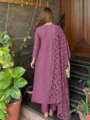 Image of ANNI Designer Women's Cotton Blend Printed Straight Kurta Set with Pant and Dupatta | Ladies Ethnic Three Piece Outfit | Round Neck 3 /4 Sleeve Kurta Pant Dupatta Set for Office College Casual Wear