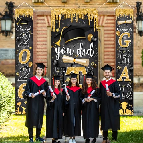 Image of Black and Gold Graduation Decorations Class of 2026 Congrats Grad Banner and You Did It Door Cover for High School College Grad Party Supplies(Black)