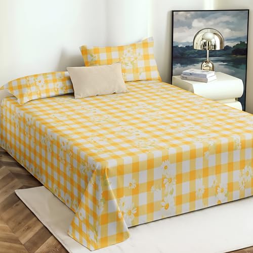 VOMZER King Size (90x100) 300 TC Soft Cotton Feel Microfiber Flat Double Bedsheet with 2 Pillow Covers | Yellow Check