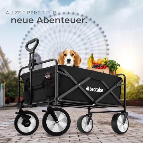 tectake Bollerwagen faltbar, Transportwagen klappbar, mit Tasche, Handwagen zum Ziehen, breite Gummireifen, Faltbarer Trolley zum Transport, für den Strand, im Garten, belastbar bis 80kg (schwarz)