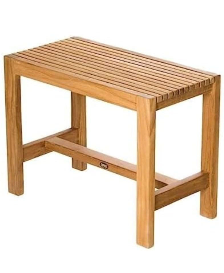 Image of Wooden Shower Bench, Natural Teak, Slatted Top Design, Bathroom Stool with Storage Shelf