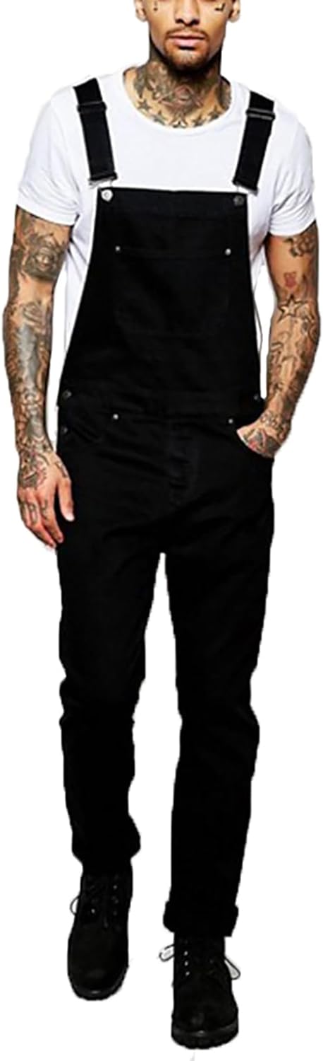 Denim Overalls for Men Distressed Straight Leg Jean Bib Overall Cozy Rugged Loose Adjustable Black Jean Jumpsuits - Image 2