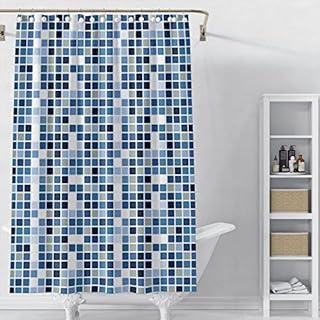 WONGS BEDDING Shower Curtain Blue Mosaic Pattern Shower Curtain Mould Proof Resistant Shower Curtain Waterproof Polyester Fabric Bathroom Curtain with Plastic Hook(180x180cm)