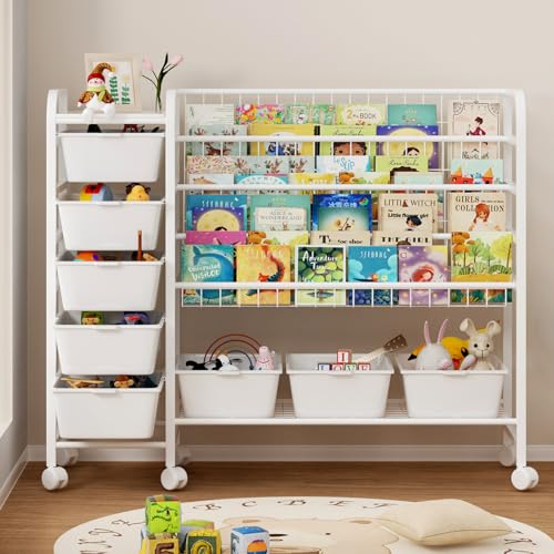 Image of EXPERLAM Kids Bookshelf with Toy Storage Organizer, 48 Inch Large Metal Kids Book Rack with 8 Toy Storage Bins, 2-in-1 Toy and Book Organizer with Wheels, Book Shelf for Kids Room, Nursery, Playroom