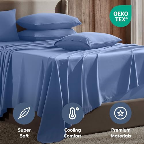 Image of Nestl Extra Deep Queen Sheet Set - 6 Piece Breathable & Cooling Sheets - Hotel Luxury Bedding Set w /18-24 Inch Deep Pockets - Easy & Secure Fit - Super Soft, Wrinkle Free & Comfy - Calm Blue