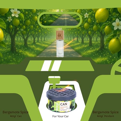 Image of Kooji Can Car Perfume + 5ml Car Hanging Perfume Pendant (Free) - Bergamot Spice Scent - Long-Lasting, Alcohol-Free, Oud & Saffron Oriental Fragrance - For Car, Home, Office Use - Lasts Up to 60 Days