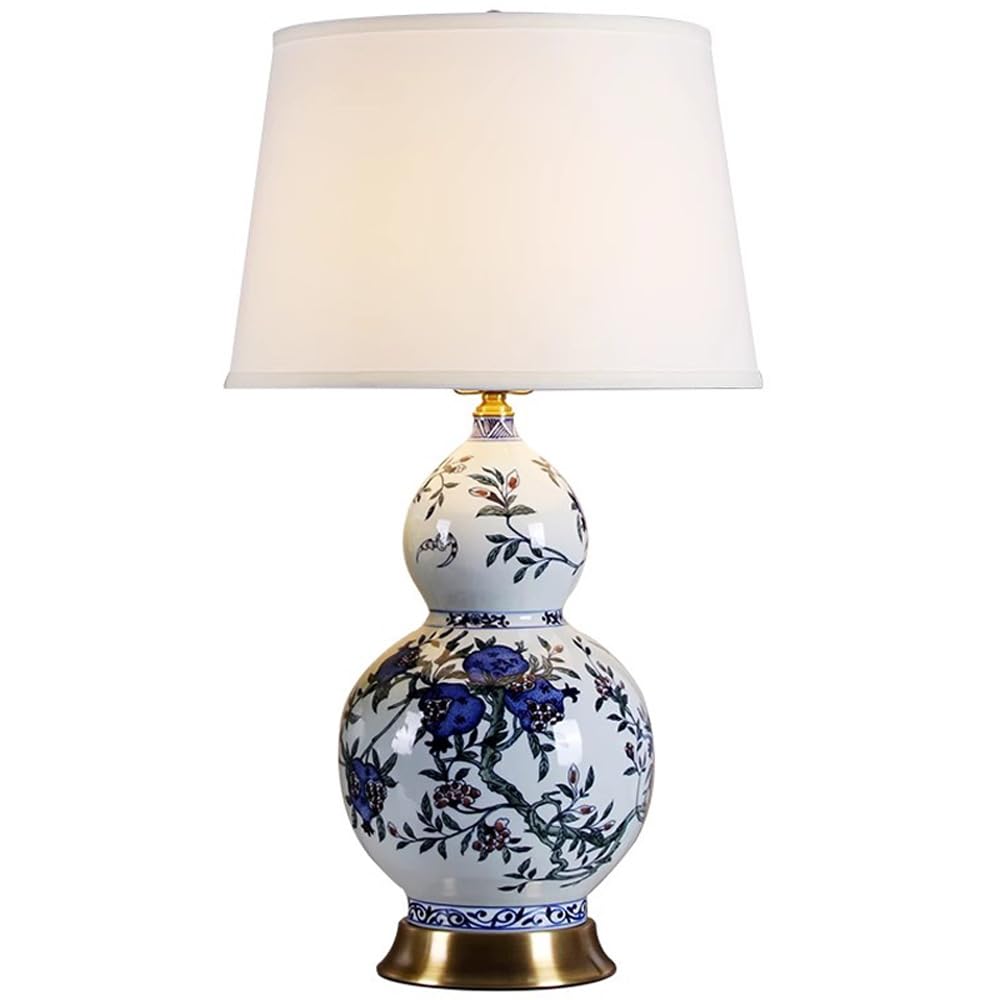 SANBDDLYY Hand-Painted Blue and White Ceramic Table Lamp - Vintage Gourd Shape Desk Fabric Shade for Bedroom, Living Room, and Office