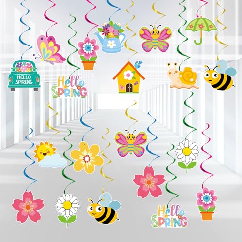 YQUQWN 48 PCS Spring Hanging Swirls Decorations, Sun Flowers Butterfly Ceiling Swirls, Spring Summer Birthday Party Baby Shower Spring Streamers Decor, Spring Party Decorations for Classroom, Office