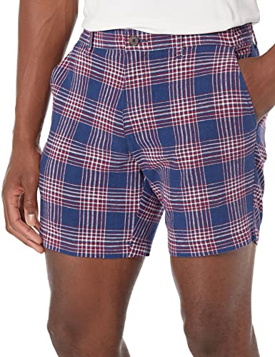 Goodthreads Herren 17,8 cm Schrittlänge Shorts aus Baumwoll-Leinen-Comfort-Stretch, Marineblau/Rot, Kariert, 29W