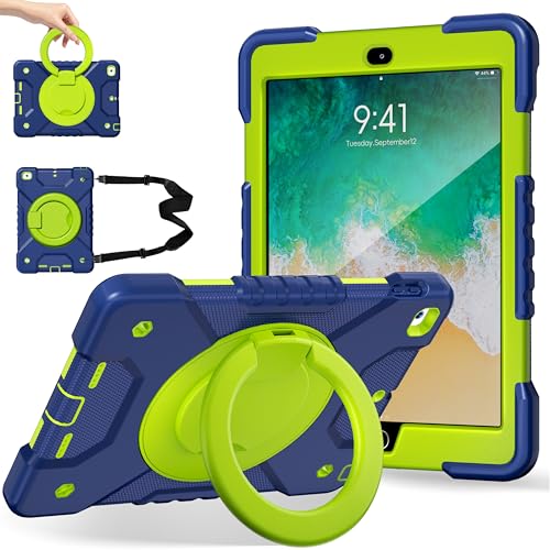 Andnary Case for iPad 6th/5th Generation 9.7 inch 2018/2017 Case, iPad Air 2/Pro 9.7 inch Heavy Duty Protective Cover with 360° Rotate Handle Stand, Pencil Holder, Shoulder Strap (Navy+Green)