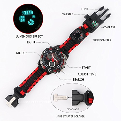 BlueStraw Men Women Survival Analog Digital Watch, Waterproof Tactical Dual Time Display Emergency Sports Adjustable Watch 5 Time Patterns 3 Interchangeable Wristbands Alarm Watch with Survival Gear