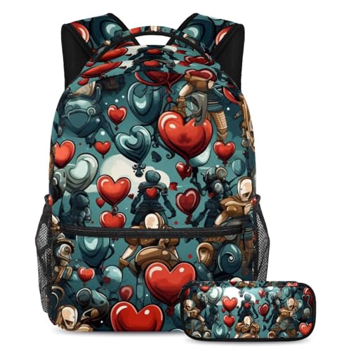 Sac à dos imprimé cœurs rouges combattants pour aller à l'école avec un grand lot de 2