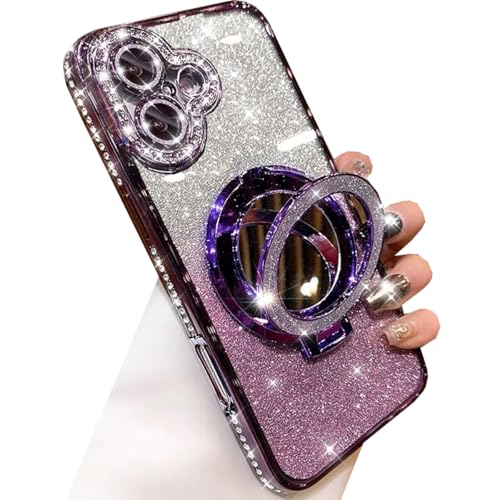 Coque paillettes iPhone Plus antichoc béquille strass miroir et anneau Magsafe pour femme