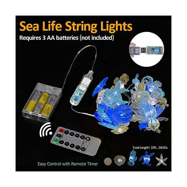 Ocean themed string lights marine life night lights beach décor sea turtle seahorse starfish clam decorative lights battery operated usb plug in 30led 10ft christmas tree ornaments holiday bedroom - image 3