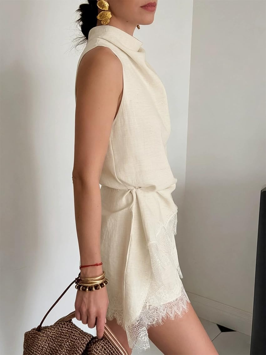 VOIKERDR Two Piece Outfits for Women Dressy Sleeveless Top and Shorts Lace Patchwork Matching Sets