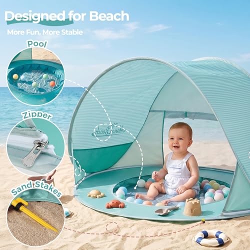 Image of Monobeach Baby Beach Tent with Pool: Green Pop Up Sun Shade Tent for Toddler, UV Protection Portable Outdoor Shelter, Foldable Camping Canopy for Beach, Backyard & Travel