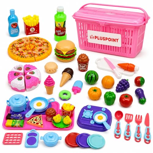 Image of PLUSPOINT 70Pcs The Big Basket Fruit Cutting Toy for Kids with Storage Basket Realistic Sliceable Food Cutting Pretend Play Kids Sets of Cake, Pizza, Kitchen Set, Fruits, Vegies, Fast Food