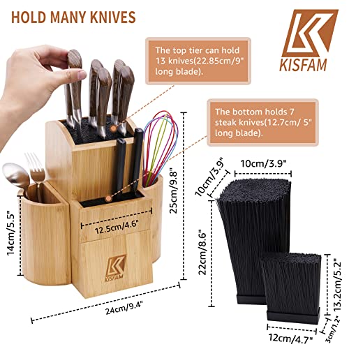 Bamboo Universal Knife Block Two-Tiered Slot-Less Wooden Knife Stand, Knife Organizer & Holder - Convenient Safe Storage For Large & Small Knives & Utensils - Easy To Clean Removable Bristles #TOP3