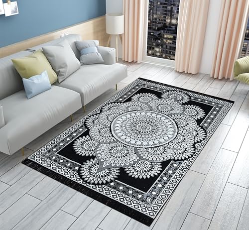 Image of Premium Cotton Carpet for Living Room 5 X 7 FEET | Carpet for Hall /Area Rugs /ChenilleCarpet /CottonCarpet /Carpet for Living Room /Kalin & Dari | Reactangular (Black)
