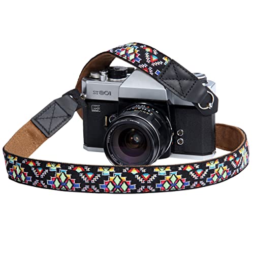 Camera Strap - 1" Pure Cotton Embroidered Woven Straps With Full Grain Cowhide Head, Camera Neck Shoulder Strap For Micro Single And Small Digital Cameras,Gift For Photographers(Digital Black) #TOP23