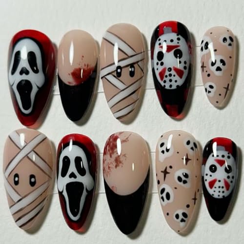 VGNRAR Halloween Press on Nails Medium Almond Fake Nails Horror Ghost Design Skull Mummy Bandage Full Cover Stick on Nail Black French Tip Glue on Nails Gothic Halloween Handmade Nails for Women 24Pcs