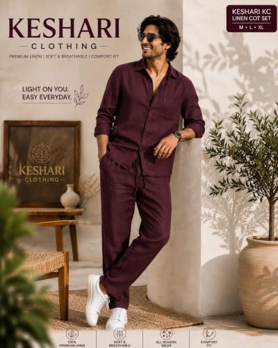 Image of Men's Premium Linen Co-Ord Set | Regular Fit Full Sleeve Solid Shirt with Drawstring Trouser | Breathable Linen Casual Outfit for Summer, Travel, Beach, Vacation & Daily