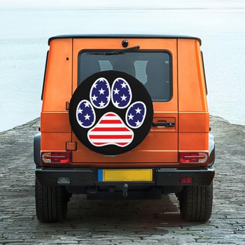 Image of Spare Tire Cover American Flag in Dog Paw Wheel Covers USA Flag Weatherproof Universal Wheel Protectors for Rv SUV Camper Travel Trailer 17 Inch