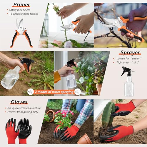 Image of HaSteeL Garden Tools Set, 11 Pcs Gardening Supplies Hand Tool Kit for Women Men Gardeners, Include Tote Bag, Reportting Mat, Transplant Trowel, Rake, Pruner for Outdoors