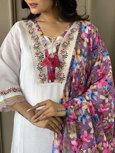 Image of Women's Kurta Set with Floral Print Dupatta, White and Purple