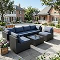WWR Patio Furniture Set - All-Weather,Water-Resistant - 7 Piece Patio Wicker Rattan Sectional Sofa, Modular Outdoor Conversation Set for Backyard, Garden, Poolside, Balcony, Black/Navy Blue