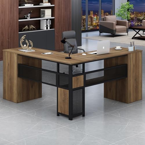 HSH Large L Shaped Home Office Desk with Drawers, Rustic L-shaped Computer Desk with Storage File Cabinet Shelves, Corner Reversible Metal Wood Executive Work Study Writing Table, 59 Inch Bedroom Desk