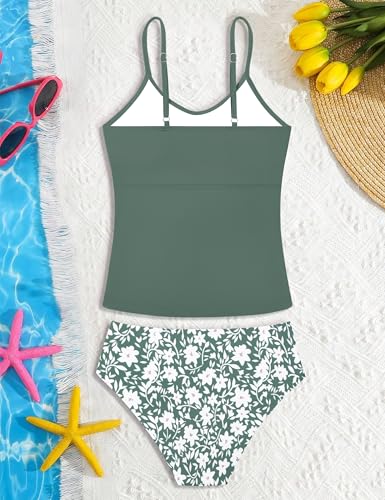 Image of Girls Swimsuit 2 Piece Bathing Suit Criss Cross Ruched Girl Tankini Sets Printed Girls' Swimwear for 9-18 Years